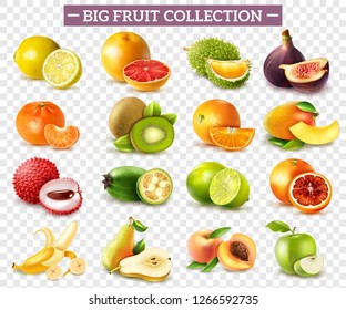 Realistic set of various kinds of fruits with orange kiwi pear lemon lime apple isolated on transparent background vector illustration