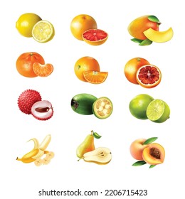 Realistic set of various kinds of fruits with orange kiwi pear lemon lime apple 