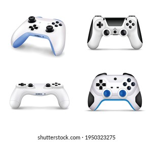 Realistic set of various models of controllers for video game console on white background isolated vector illustration