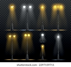 Realistic set of various street lanterns glowing with cold and warm light on transparent background isolated vector illustration