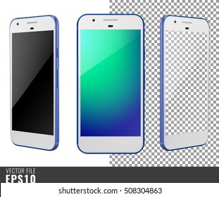 Realistic set vector illustration mock-up of modern generation smart-phone google pixel. Isolated on white, transparent background, layered, just put image on content layer. Scale vector image. Blue