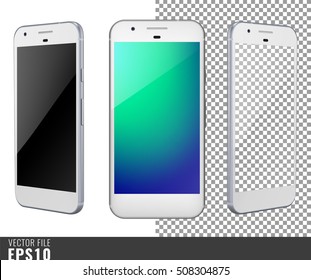 Realistic set vector illustration mock-up of modern generation smart-phone google pixel. Isolated on white, transparent background, layered, just put image on content layer. Scale vector image. White