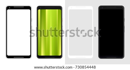 Realistic set vector image illustration mock-up of modern generation smart-phone google pixel 2 second edition. Isolated background, layered, just put image on content layer. Black white, blueprint