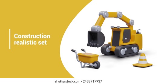 Realistic set of vector objects for construction. Excavator, wheelbarrow, signal cone
