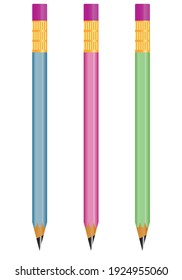 Realistic set of vector pencils of blue, pink and green colour.
