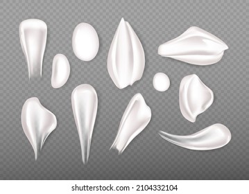 Realistic set of vector strokes of cosmetic cream. Smears of cosmetic white skin cream of various shapes and sizes, isolated on a transparent background. Top view