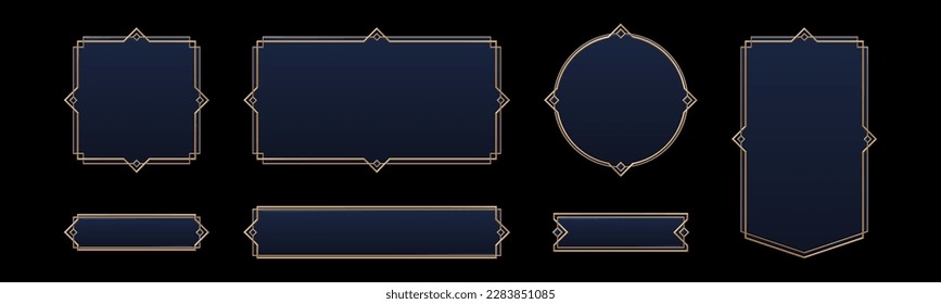 Realistic set of vintage avatar frames and game buttons isolated on black background. Vector illustration of art deco style borders for rpg interface design. Square, rectangular, round royal signs