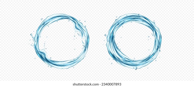 Realistic set of water circles isolated on transparent background. Vector illustration of aqua splash, clear blue liquid swirl effect with wave, drops, bubbles, pure fluid, hydration. Round frame