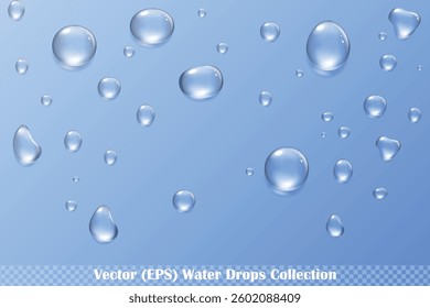 Realistic set of water drops with reflection and shadow, isolated vector (EPS) illustration on transparent background