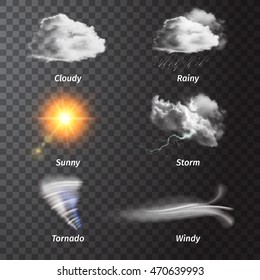 Realistic set weather icon set with cloudy sunny storm rainy windy descriptions vector illustration