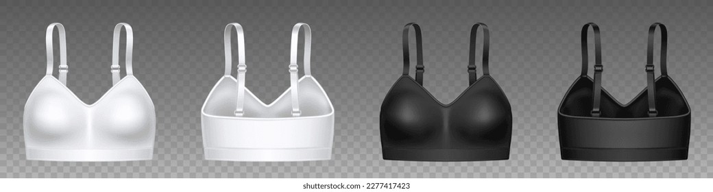 Realistic set of white black sports bra isolated on transparent background. Vector illustration of 3D womens underware collection for active lifestyle. Brassiere mockup front back view. Female fashion