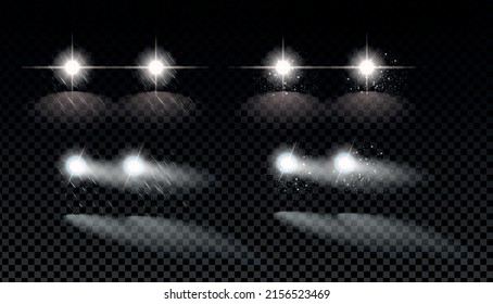 Realistic set of white car lights shining in rain and snow with reflection on road isolated on transparent background vector illustration