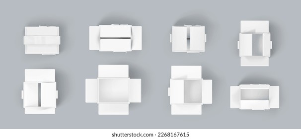 Realistic set of white cardboard boxes isolated on background. Vector 3D illustration of blank packages open and closed, empty inside. Top view collection of rectangle parcels for delivery or moving