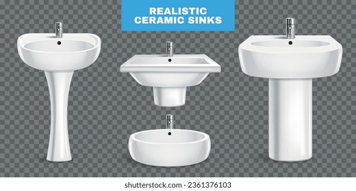 Realistic set of white ceramic sinks with shiny metal taps isolated on transparent background vector illustration