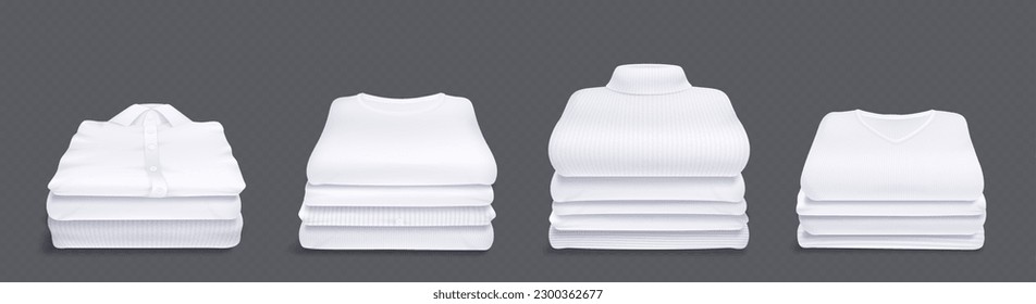 Realistic set of white clothes stack isolated on transparent background. Vector illustration of clean laundry. Piles of fresh ironed male and female cotton shirts, sweaters, turtlenecks and blouses