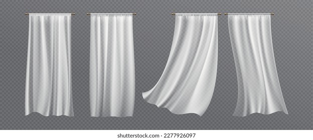 Realistic set of white curtains hanging isolated on transparent background. Vector illustration of silk fabric sheets, veil fluttering in wind. Home textile, light drapery, interior design elements