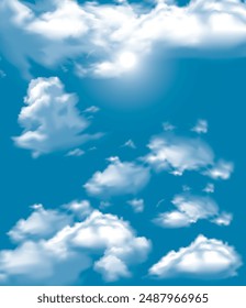 Realistic set of white fluffy clouds on blue vector.