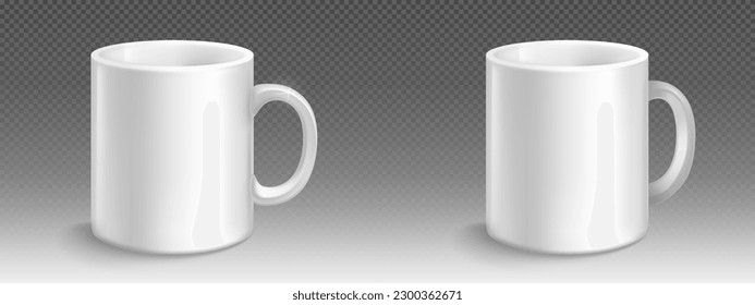 Conjunto realista de maquetas de la taza blanca aisladas en un fondo transparente. Ilustración vectorial de grandes vasos cerámicos con mangos para beber bebidas, té o café caliente en casa o en la oficina. Lugar para