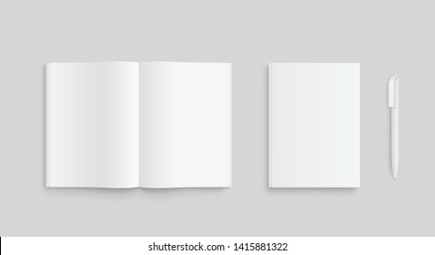 Realistic set of white paper or laptop and pen. Front view. - stock vector.