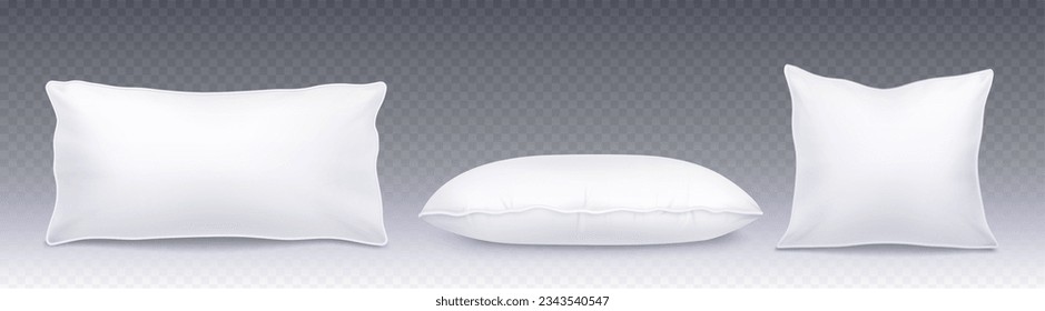 Realistic set of white pillows top and side view isolated on transparent background. Vector illustration of 3d square and rectangular cushion mockups for bedroom interior design, healthy sleep