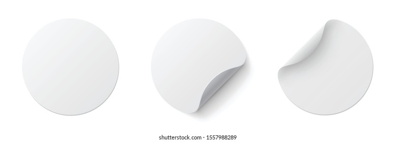 Realistic set white round paper adhesive stickers mockup with curved corner and shadow. White round sticker on white background - stock vector.