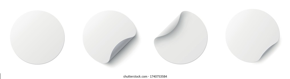 Realistic set white round paper adhesive stickers mockup with curved corner and shadow. White round sticker on white background - stock vector.