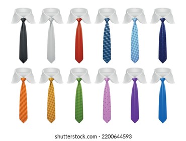 Realistic set of white shirt collars and neckties of different colors and patterns isolated vector illustration