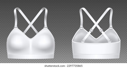 Realistic set of white sports bra isolated on transparent background. Vector illustration of 3D womens underware collection for active lifestyle. Brassiere mockup front and back view. Female fashion