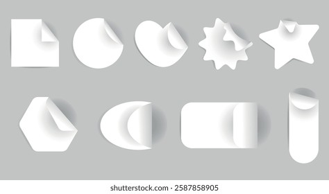 Realistic set of white stickers of different shapes: square, circle, heart, star with a curved corner. Collection of vector classic paper adhesive sticker layouts
