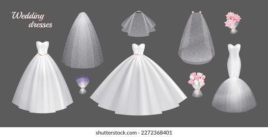 Realistic set of white wedding dresses and accessories for brides isolated on grey background vector illustration