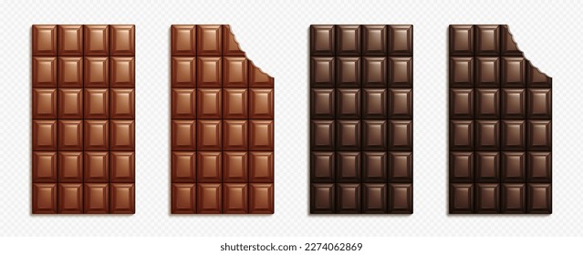 Realistic set of whole and biten chocolate bars isolated on transparent background. Vector illustration of milk dark choco dessert, brown sweet food, delicious cocoa, sugar snack. Cooking ingredient