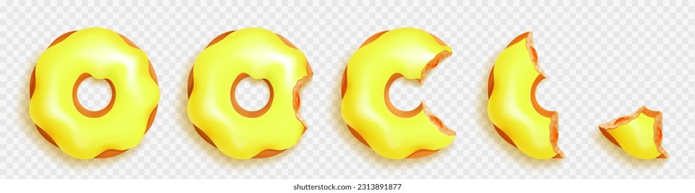 Realistic set of whole and bitten donuts isolated on transparent background. Vector illustration of yummy pieces of sweet circle snack decorated with glossy yellow glaze. Tasty dessert top view