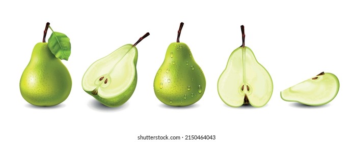 Realistic set of whole and sliced green pears on white background isolated vector illustration