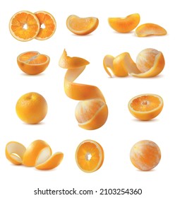 Realistic set of whole sliced and peeled fresh ripe oranges with skin isolated on white background vector illustration