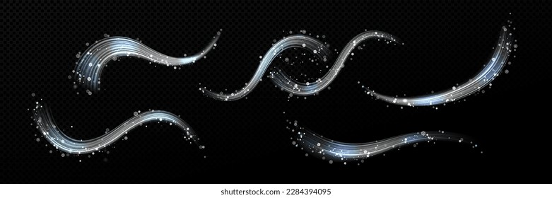 Realistic set of winter air swirls with snowflakes isolated on transparent background. Vector illustration of cold wind flow, frosty whirlwind blow, icy stream vortex. Cool windstorm. Design elements