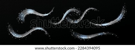 Realistic set of winter air swirls with snowflakes isolated on transparent background. Vector illustration of cold wind flow, frosty whirlwind blow, icy stream vortex. Cool windstorm. Design elements