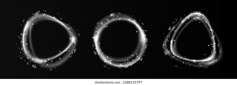 Realistic set of winter avatar frames with snowflakes isolated on transparent background. Vector illustration of cold wind circles, fresh air flow vortex, frosty icy whirlwind blow. Design elements