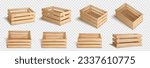 Realistic set of wooden crates isolated on transparent background. Vector illustration of empty wood boxes for food packing and transportation, fruit and vegetable storage, warehouse container