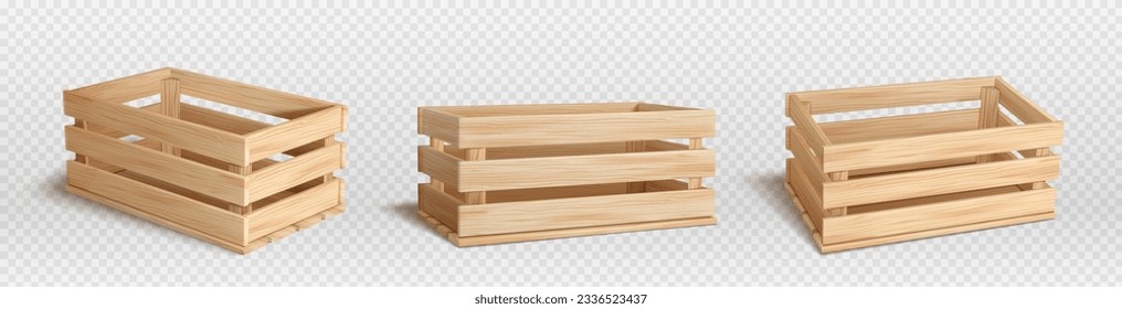 Realistic set of wooden crates isolated on transparent background. Vector illustration of empty wood boxes for food packing and transportation, fruit and vegetable storage, warehouse container