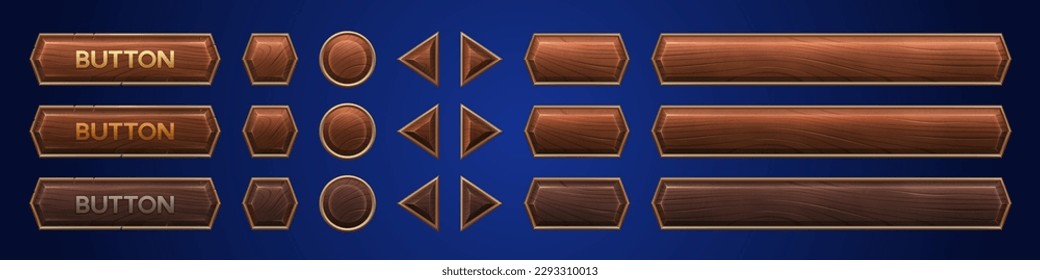 Realistic set of wooden game buttons sprite sheet isolated on background. Vector illustration of wood texture menu frames, progress bars, nameplates, round, hexagonal and arrow icons for gui design