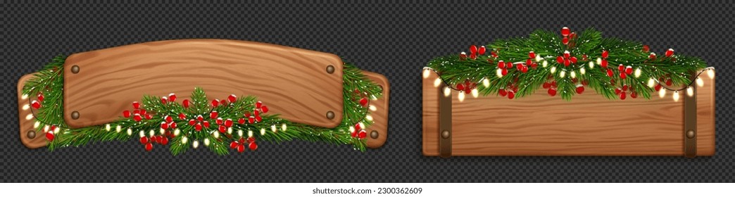 Realistic set of wooden nameplates ornated with Christmas wreath, snow and garland isolated on transparent background. Vector illustration of vintage signboards with mistletoe, spruce decoration