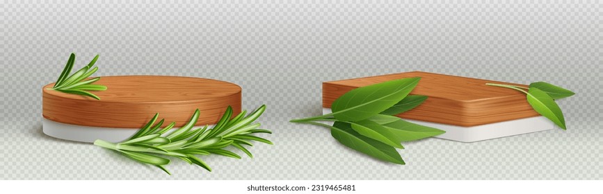 Realistic set of wooden podiums with rosemary and laurel leaves isolated on transparent background. Vector illustration of 3D platform for presentation of cosmetic product, cooking recipe ingredients svg