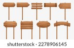 Realistic set of wooden sign posts isolated on transparent background. Vector illustration of blank square, round, rectangular signboards with arrows pointing direction or name. Game ui design element