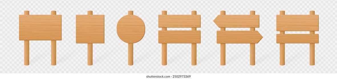 Conjunto realista de postes de madera. Ilustración vectorial de carteles cuadrados, redondos y rectangulares en blanco para señalar la dirección o el nombre. Elemento de diseño de Game UI