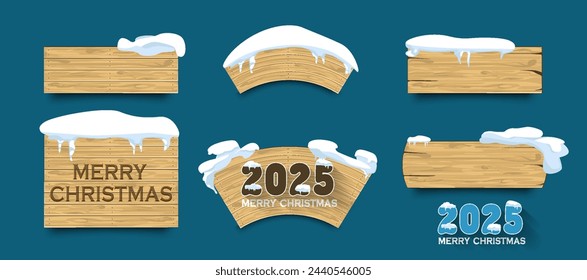 Realistic set of wooden signboards covered with snow. Vector illustration of arrow sign posts, rectangular and oval direction indicators isolated on transparent background.