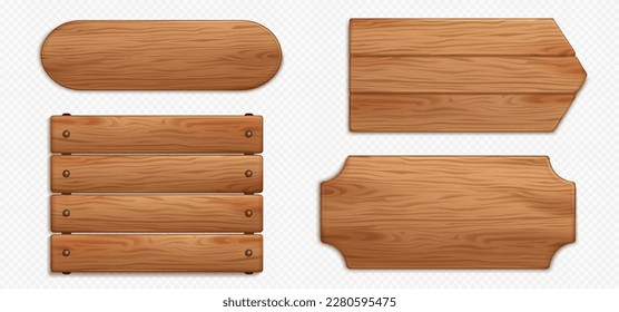 Realistic set of wooden signboards isolated on transparent background. Vector illustration of natural oak board surface, blank mockup for restaurant, pub, bar, saloon nameplate, vintage direction sign