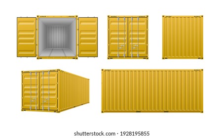 Realistic set of yellow cargo containers. Front, side and back view. Open and closed. Delivery, transportation, shipping freight concept. 3d vector illustration