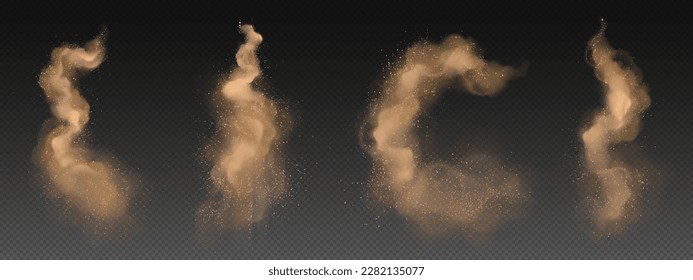 Realistic set of yellow powder clouds isolated on transparent background. Vector illustration of sand swirls, abstract curve, spiral smoke trail sparkling with particles. Cinnamon splash. Dust storm