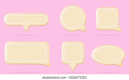 Conjunto realista de cajas amarillas aisladas en segundo plano. Ilustración vectorial de globos de diálogo redondos, cuadrados, rectangulares, ovalados aislados en fondo rosado. Marcos de comentarios en blanco para medios sociales