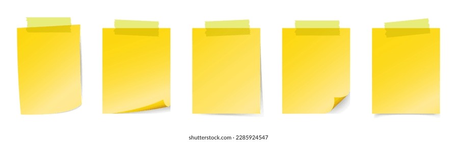 Realistic set yellow sticky notes vector design isolated with tape and realistic shadow
